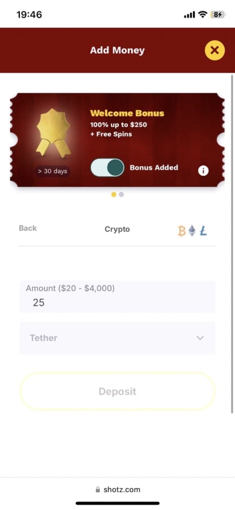 Shotz Casino Bonus