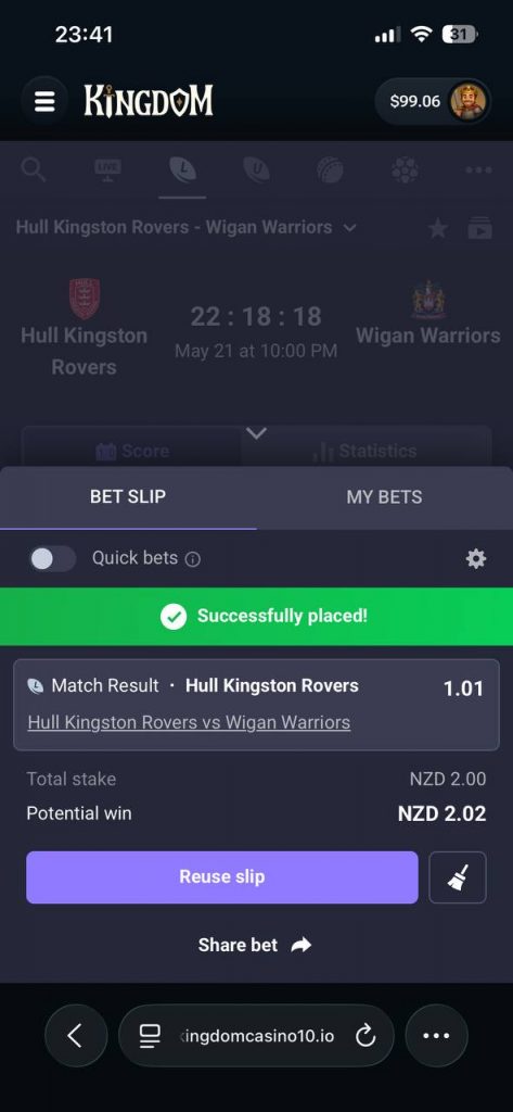 rugby match result successfully placed at Kingdom casino