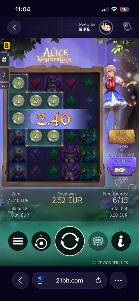 Alice wonderluck spins at 21bit casino