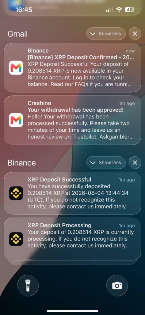 crashino withdrawal complete