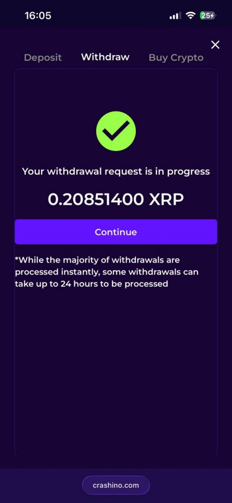 crashino withdrawal xrp initiated
