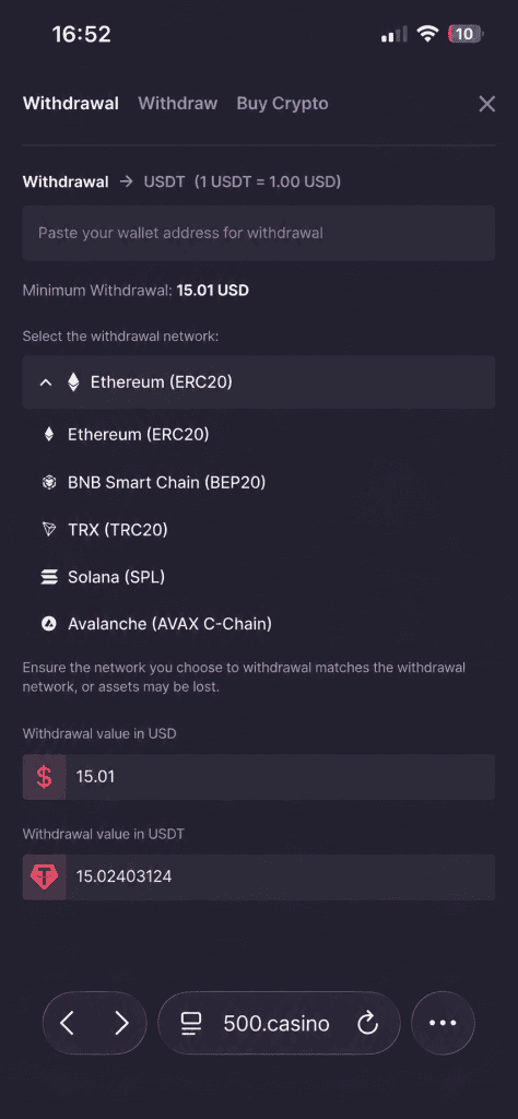 withdrawal 500 casino